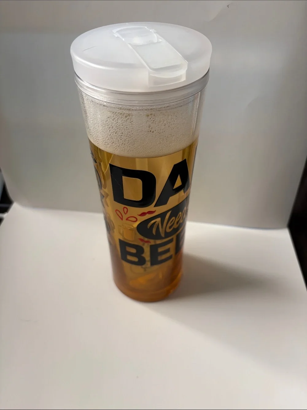 Dad Needs Beer 24 oz Faux Beer Flip Straw Tumbler